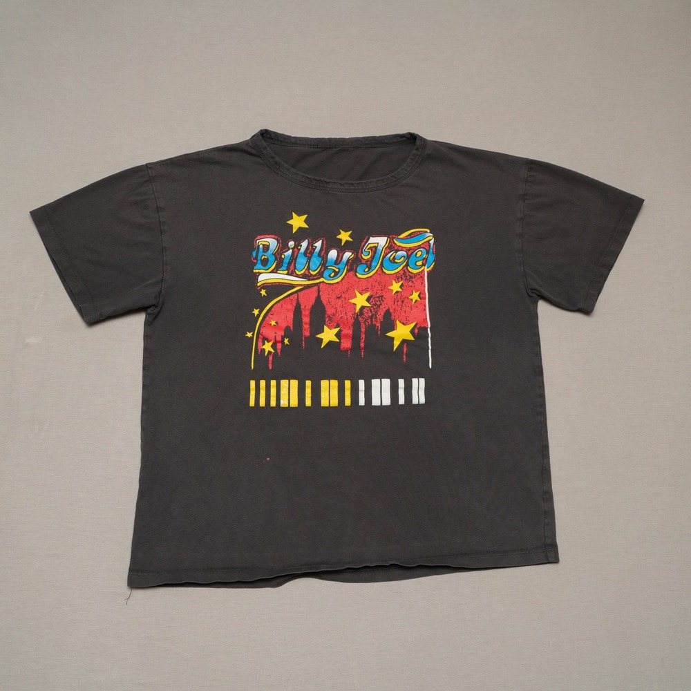 Vintage Style Bill Joel 76 Black Faded T Shirt Mounted Collar Faded Adult M